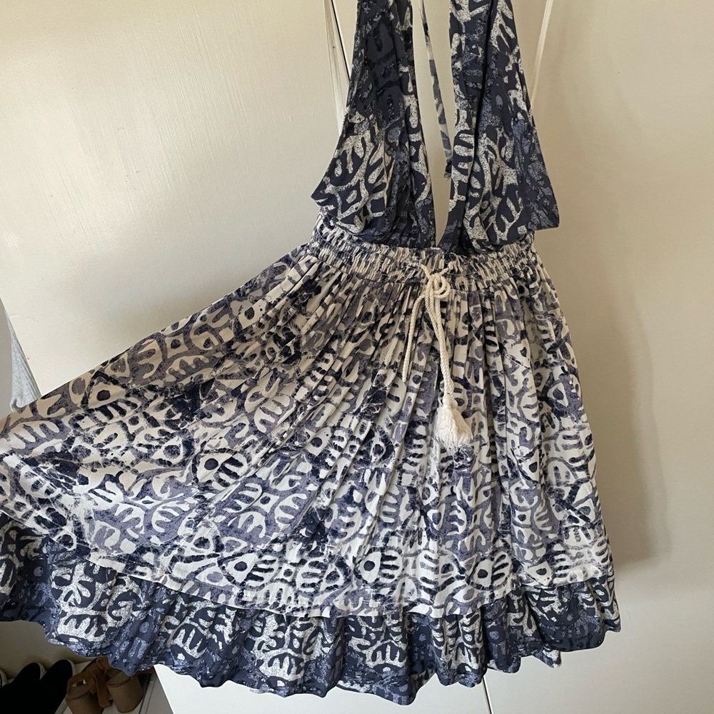 Free People NWT XS Blue White Halter Backless Ruffle Mini Summer Dress - Picture 6 of 7